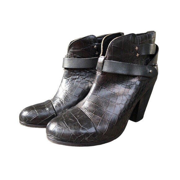 Rag & Bone Harrow Leather Crocodile Embossed Ankle Boots Black Women Size 39.5 - Picture 1 of 16